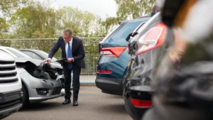 Perito revisando los daños del frontal de un coche siniestrado con una tableta en la mano