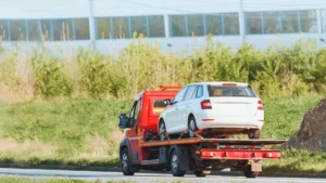 Grúa de plataforma roja transportando un coche blanco sujeto con cinchas por carretera