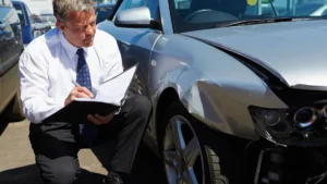 Perito judicial de vehículos tomando notas durante la inspección de un coche siniestrado