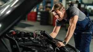 Mecánico revisando con un equipo de diagnosis el motor de un coche de segunda mano en un taller